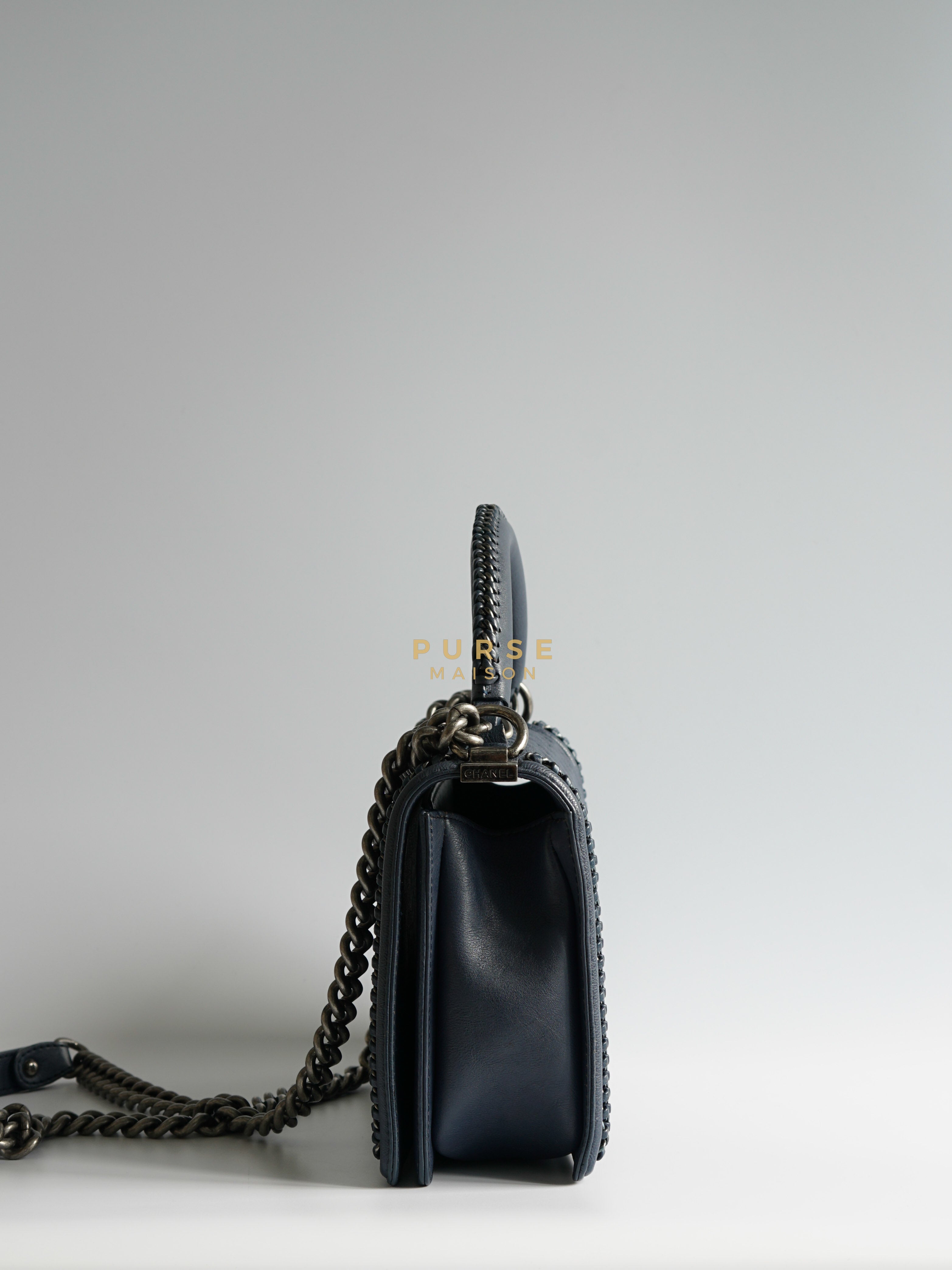 Boy New medium Dark Blue Top Handle Braided in Calfskin Leather & Ruthenium Hardware Series 23 | Purse Maison Luxury Bags Shop