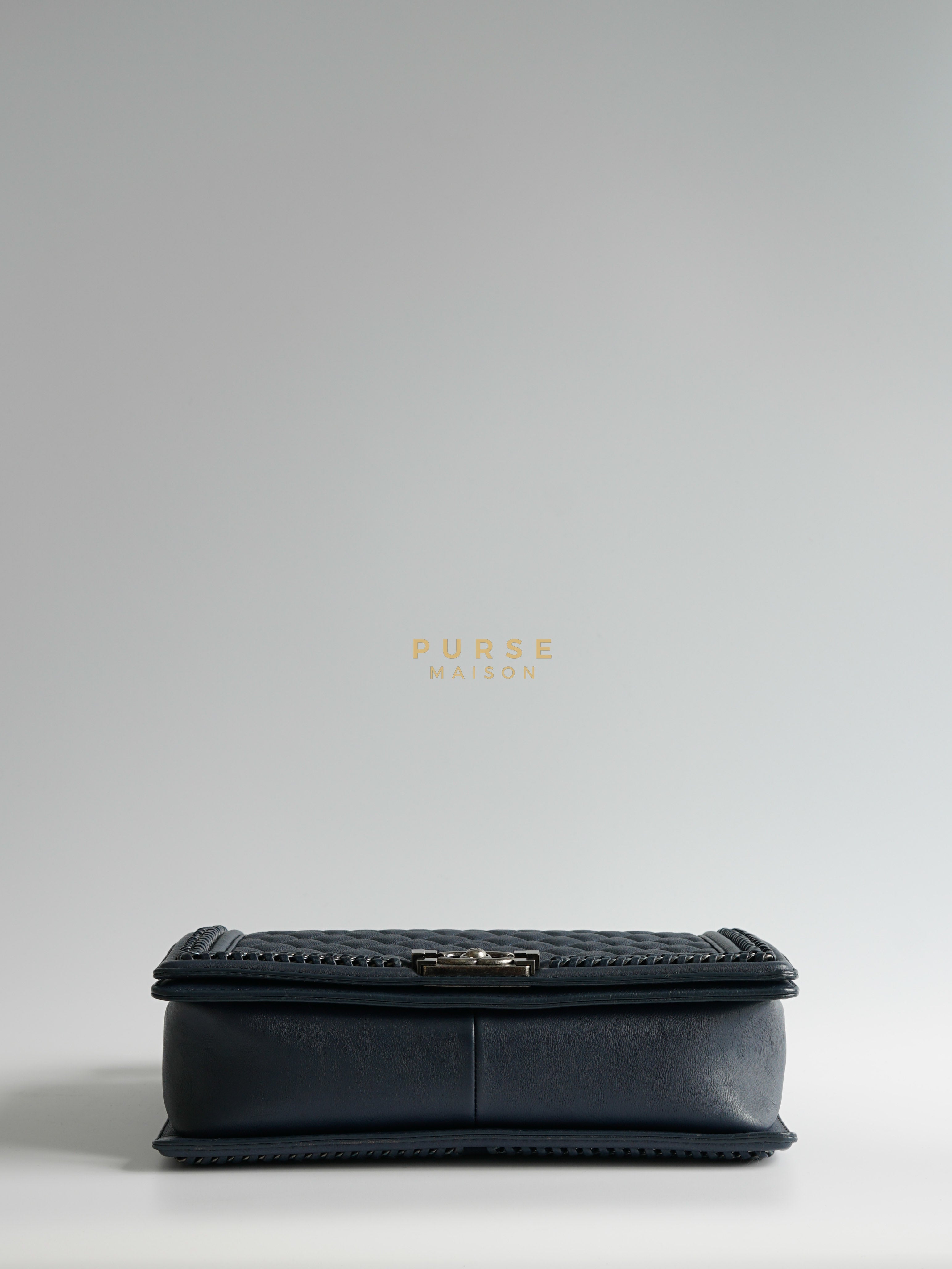 Boy New medium Dark Blue Top Handle Braided in Calfskin Leather & Ruthenium Hardware Series 23 | Purse Maison Luxury Bags Shop