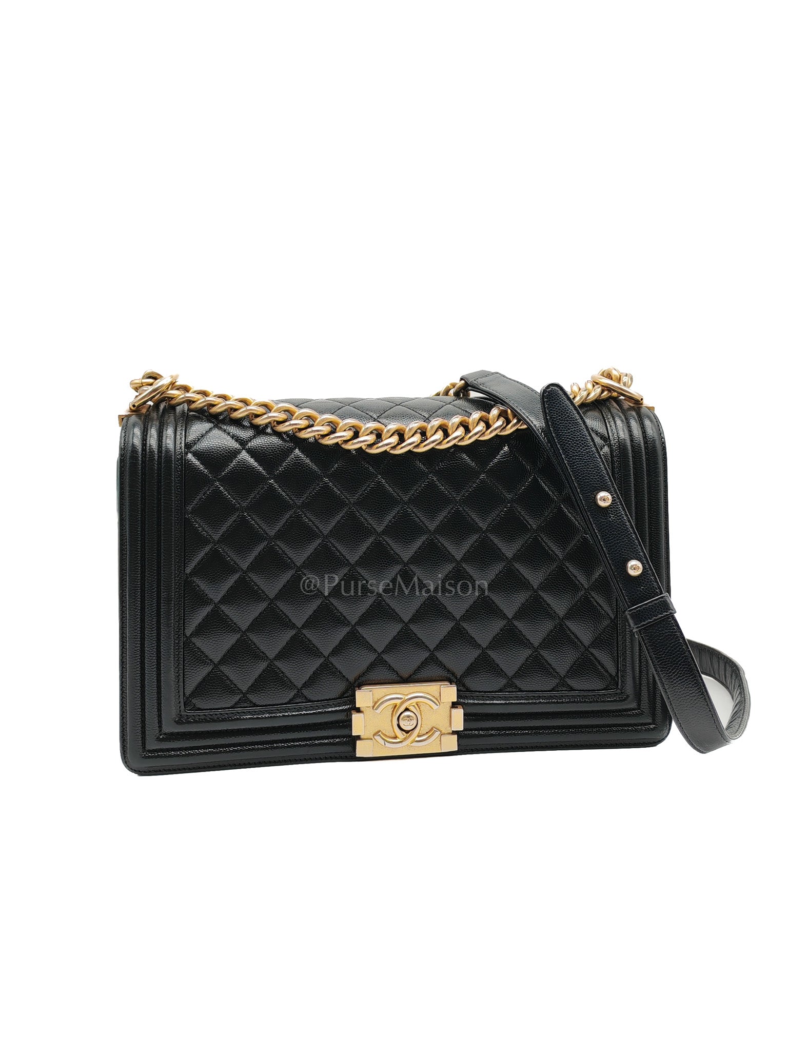 Boy New Medium in Black Quilted Caviar Leather and Aged Gold Hardware Series 26 | Purse Maison Luxury Bags Shop