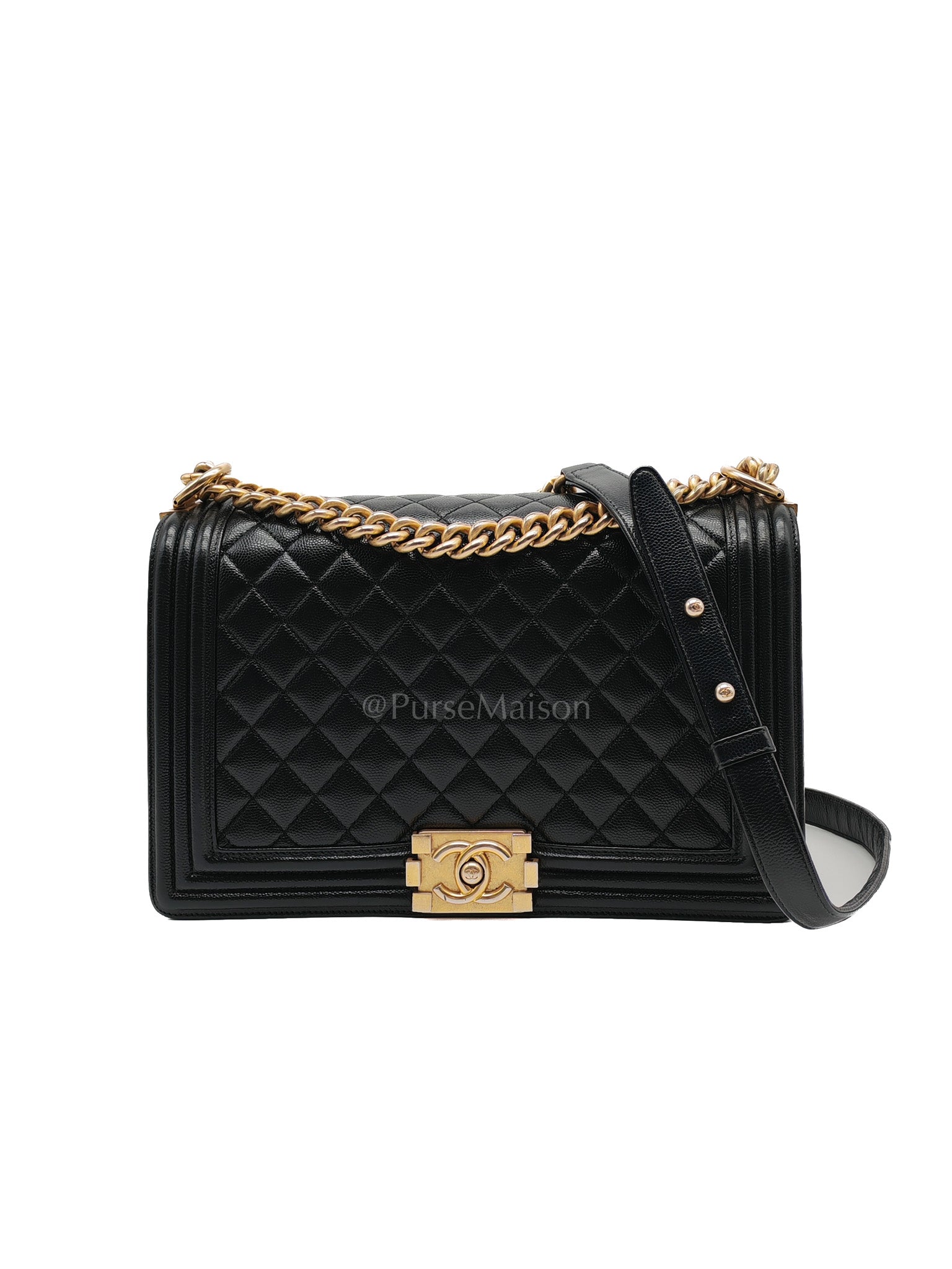 Boy New Medium in Black Quilted Caviar Leather and Aged Gold Hardware Series 26 | Purse Maison Luxury Bags Shop