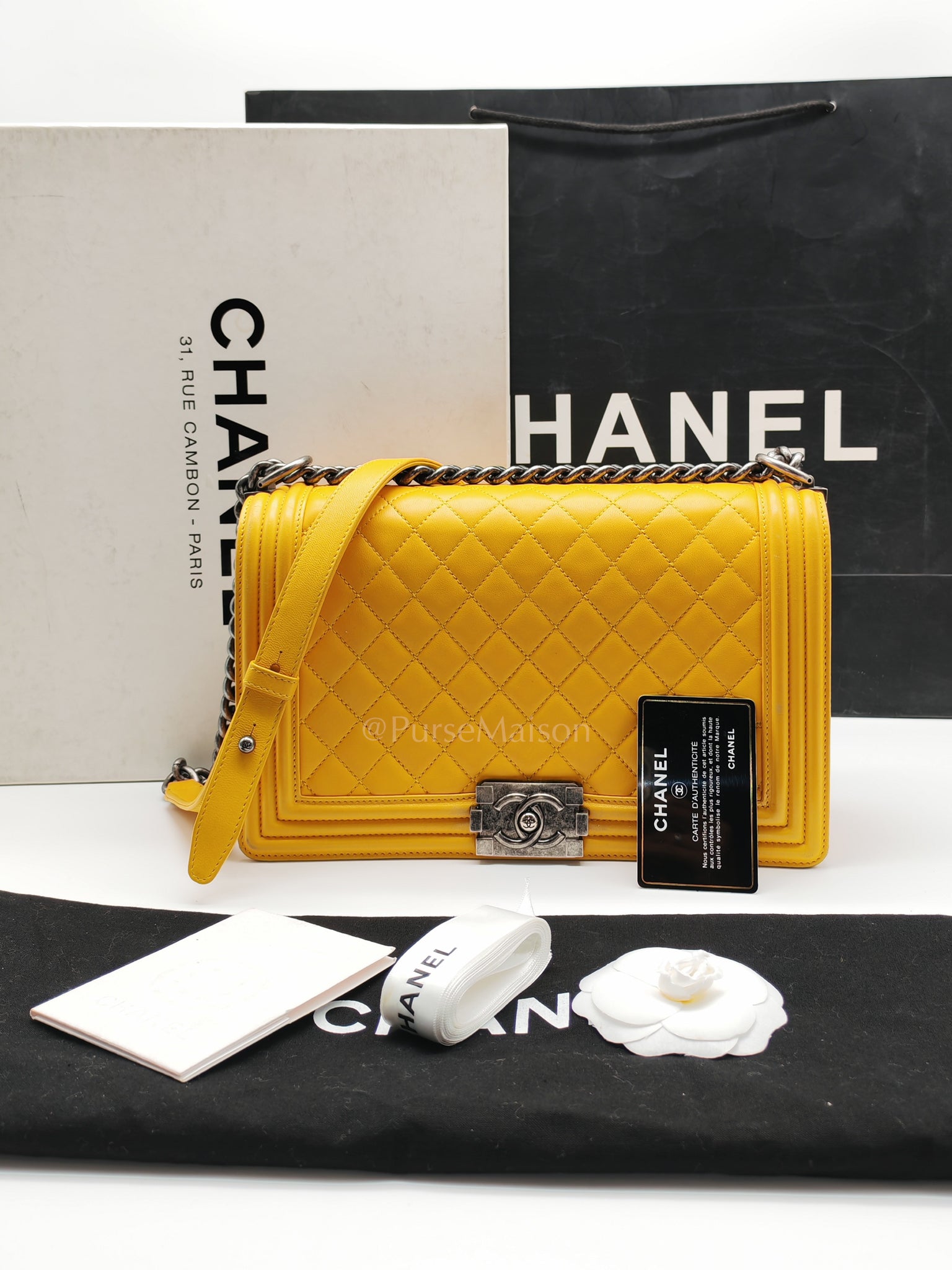 Boy New Medium in Yellow Quilted Lambskin Leather and Ruthenium Hardware Series 20 | Purse Maison Luxury Bags Shop