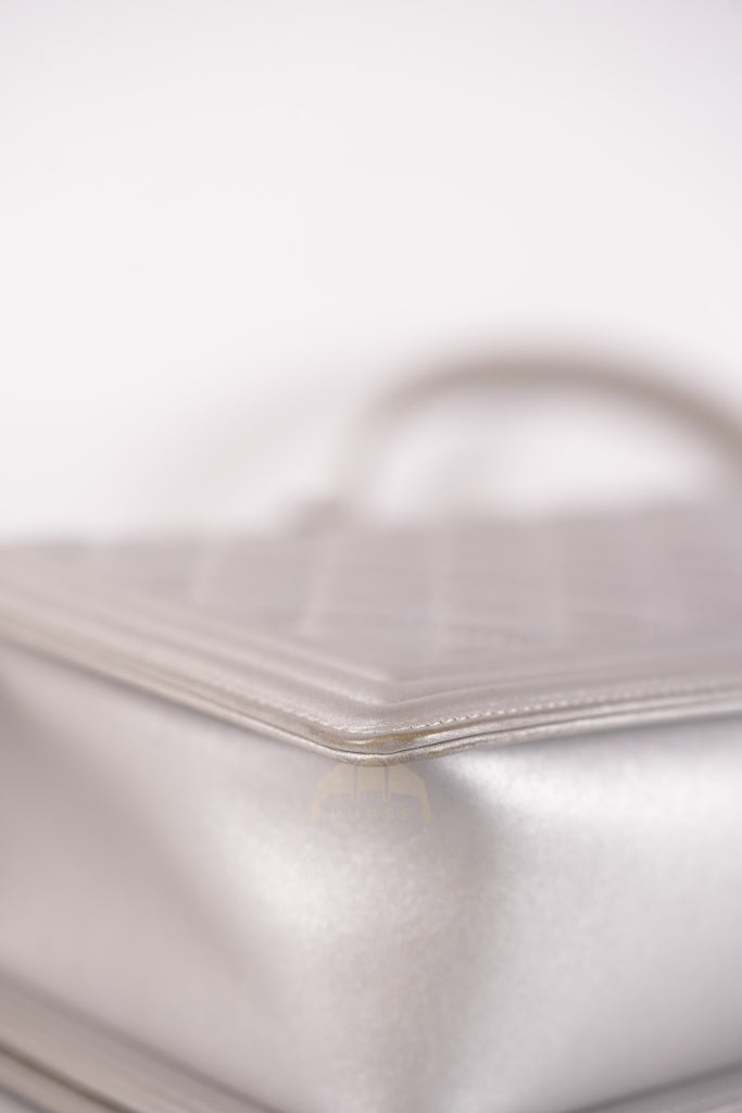 Boy New Medium Metallic Gray Calfskin Leather in Ruthenium Hardware Series 20 | Purse Maison Luxury Bags Shop