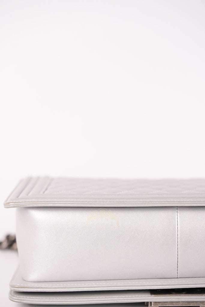 Boy New Medium Metallic Gray Calfskin Leather in Ruthenium Hardware Series 20 | Purse Maison Luxury Bags Shop