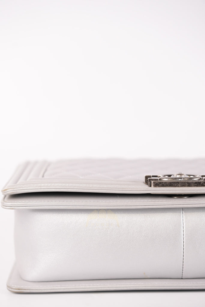 Boy New Medium Metallic Gray Calfskin Leather in Ruthenium Hardware Series 20 | Purse Maison Luxury Bags Shop