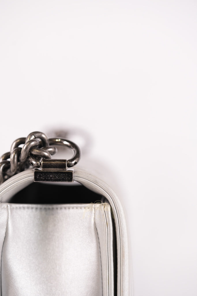 Boy New Medium Metallic Gray Calfskin Leather in Ruthenium Hardware Series 20 | Purse Maison Luxury Bags Shop