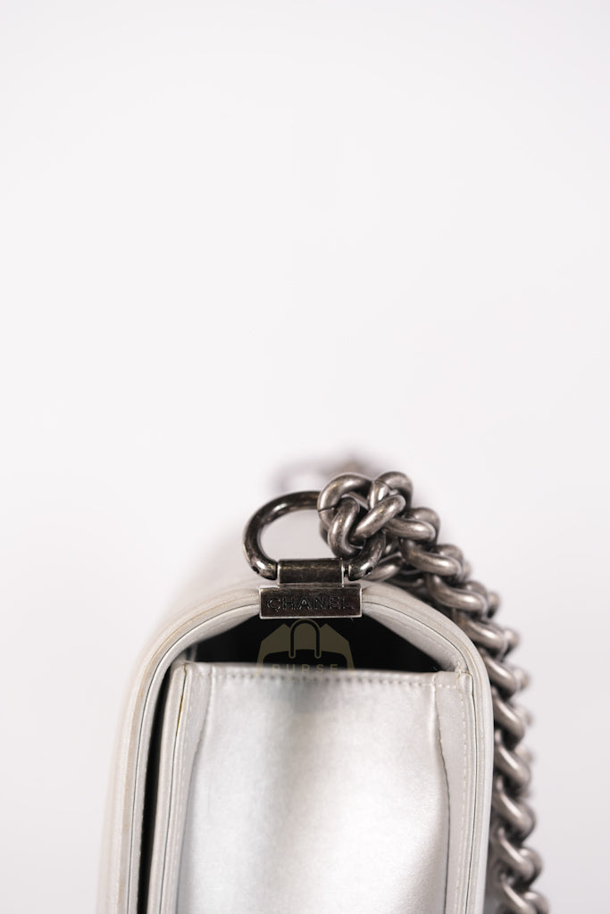 Boy New Medium Metallic Gray Calfskin Leather in Ruthenium Hardware Series 20 | Purse Maison Luxury Bags Shop