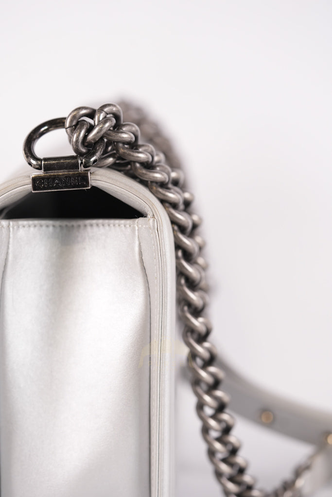 Boy New Medium Metallic Gray Calfskin Leather in Ruthenium Hardware Series 20 | Purse Maison Luxury Bags Shop