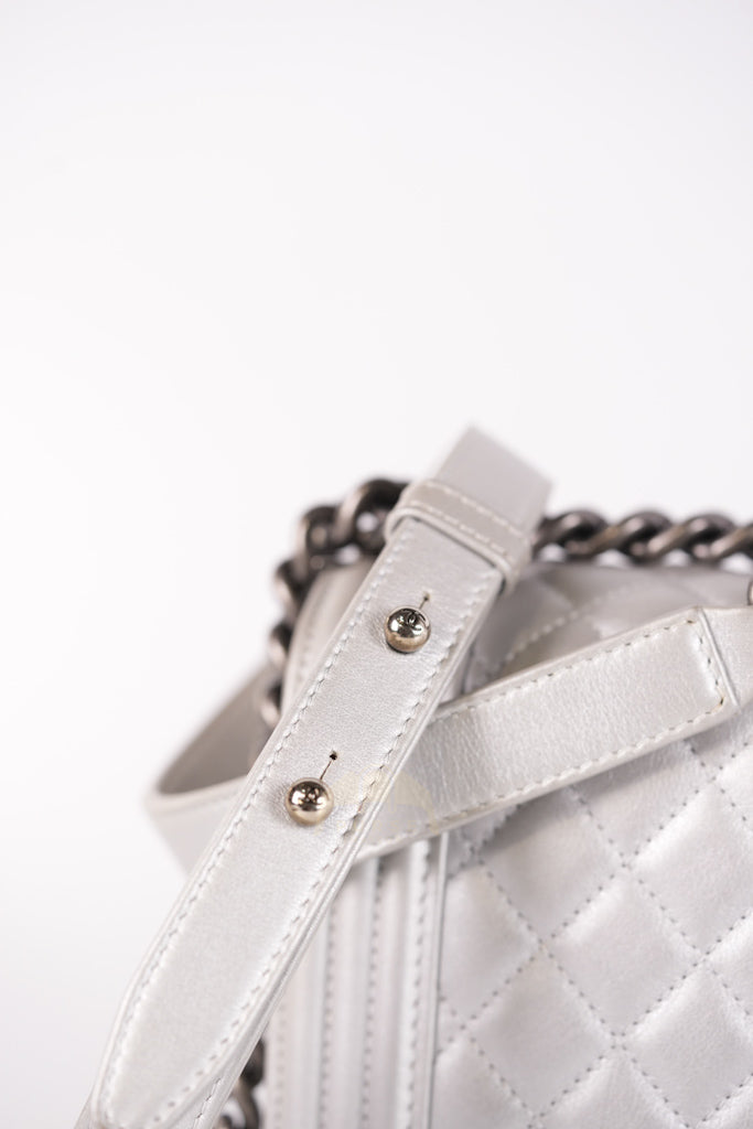 Boy New Medium Metallic Gray Calfskin Leather in Ruthenium Hardware Series 20 | Purse Maison Luxury Bags Shop