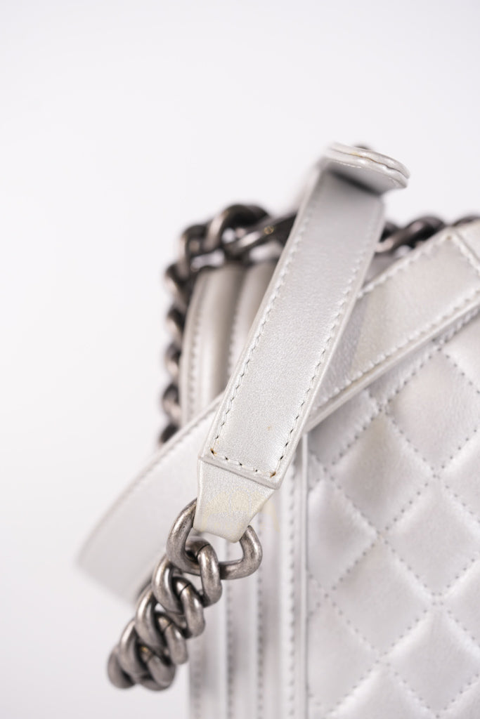 Boy New Medium Metallic Gray Calfskin Leather in Ruthenium Hardware Series 20 | Purse Maison Luxury Bags Shop