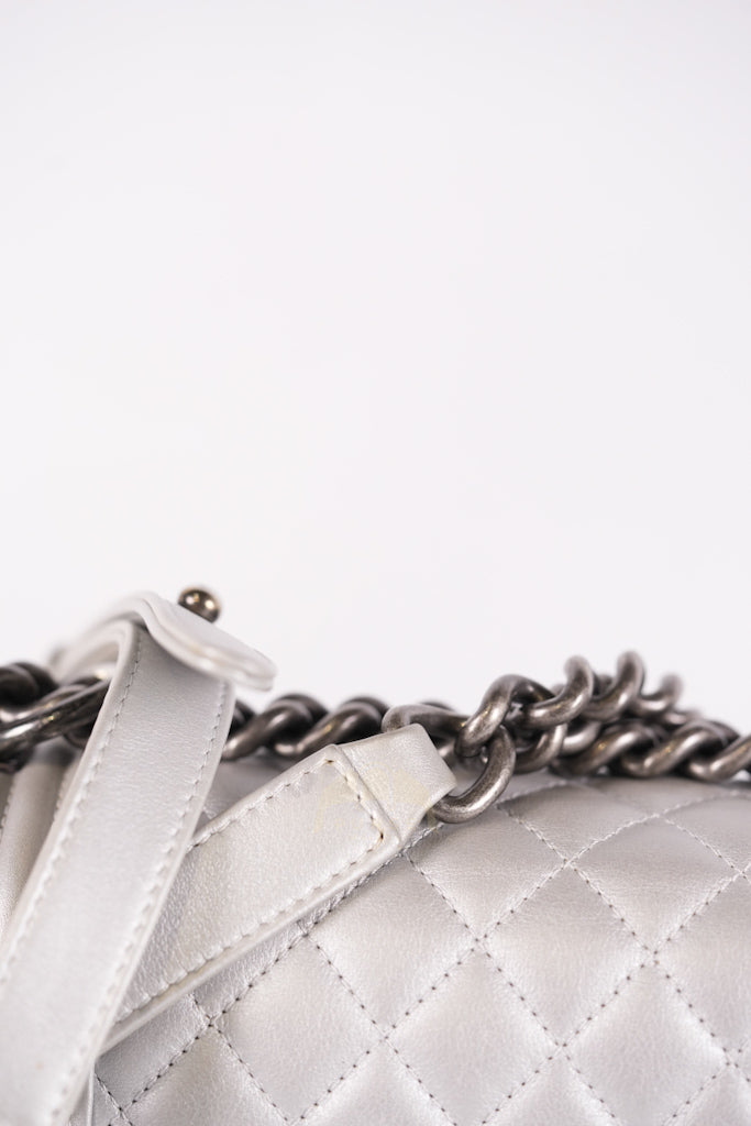 Boy New Medium Metallic Gray Calfskin Leather in Ruthenium Hardware Series 20 | Purse Maison Luxury Bags Shop