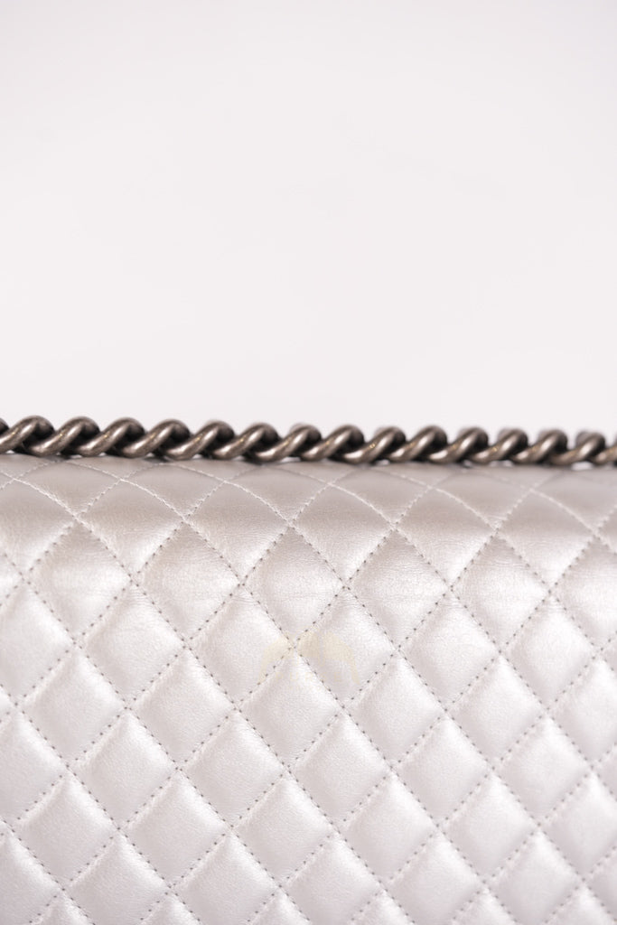 Boy New Medium Metallic Gray Calfskin Leather in Ruthenium Hardware Series 20 | Purse Maison Luxury Bags Shop