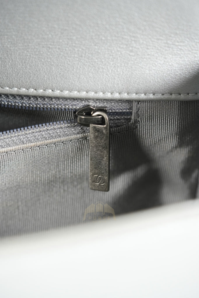 Boy New Medium Metallic Gray Calfskin Leather in Ruthenium Hardware Series 20 | Purse Maison Luxury Bags Shop