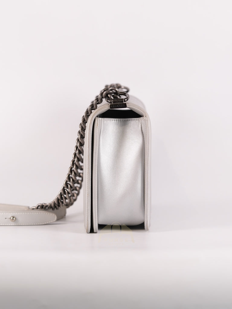 Boy New Medium Metallic Gray Calfskin Leather in Ruthenium Hardware Series 20 | Purse Maison Luxury Bags Shop