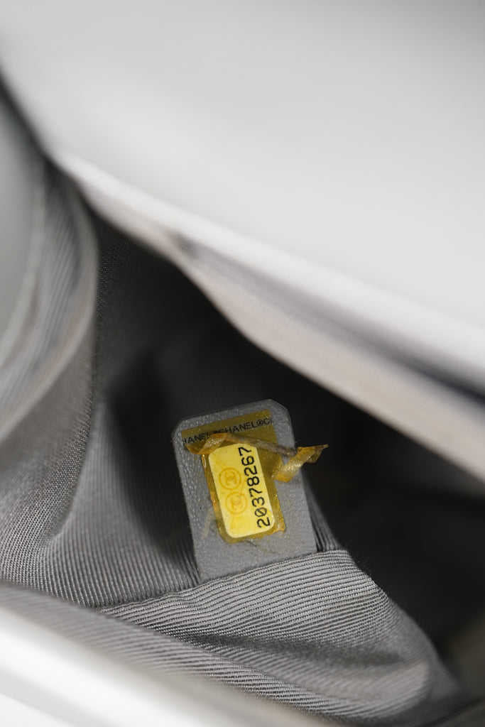 Boy New Medium Metallic Gray Calfskin Leather in Ruthenium Hardware Series 20 | Purse Maison Luxury Bags Shop