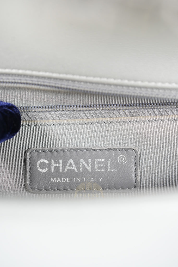 Boy New Medium Metallic Gray Calfskin Leather in Ruthenium Hardware Series 20 | Purse Maison Luxury Bags Shop