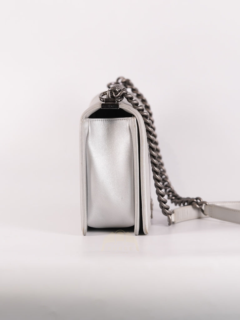 Boy New Medium Metallic Gray Calfskin Leather in Ruthenium Hardware Series 20 | Purse Maison Luxury Bags Shop