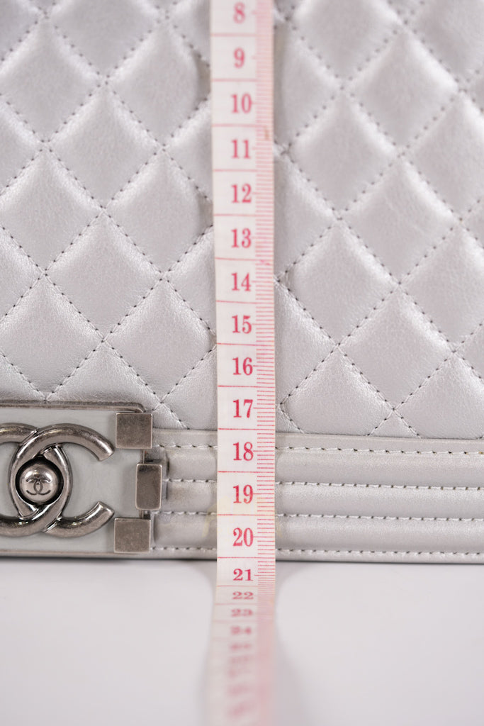 Boy New Medium Metallic Gray Calfskin Leather in Ruthenium Hardware Series 20 | Purse Maison Luxury Bags Shop