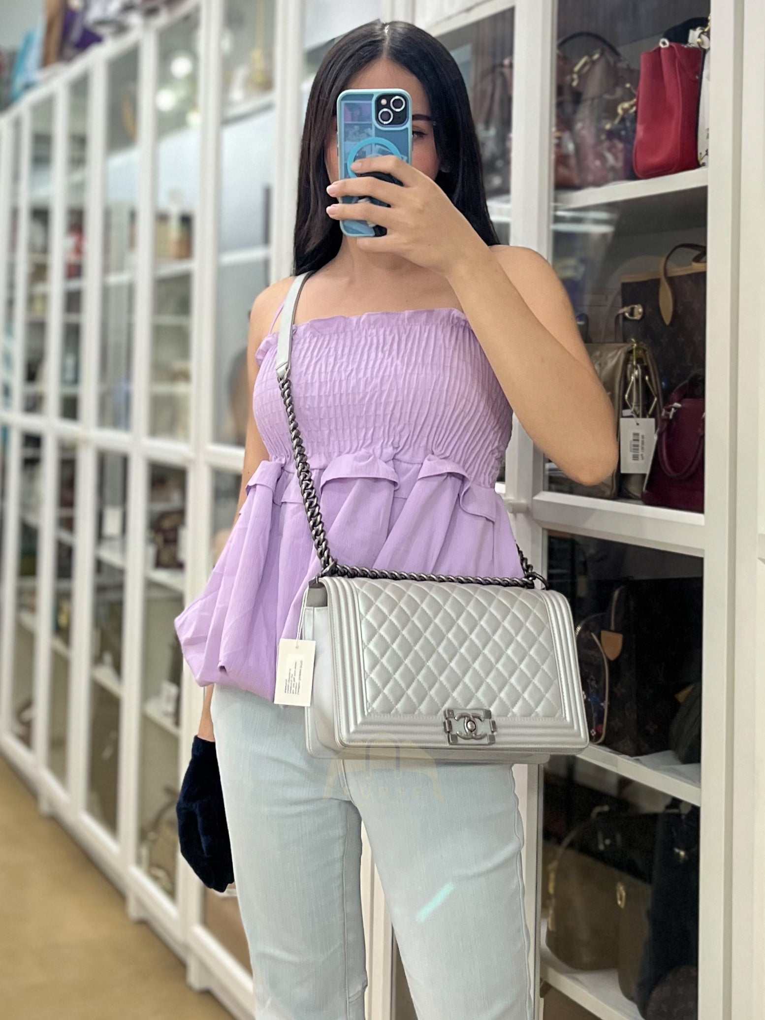 Boy New Medium Metallic Gray Calfskin Leather in Ruthenium Hardware Series 20 | Purse Maison Luxury Bags Shop