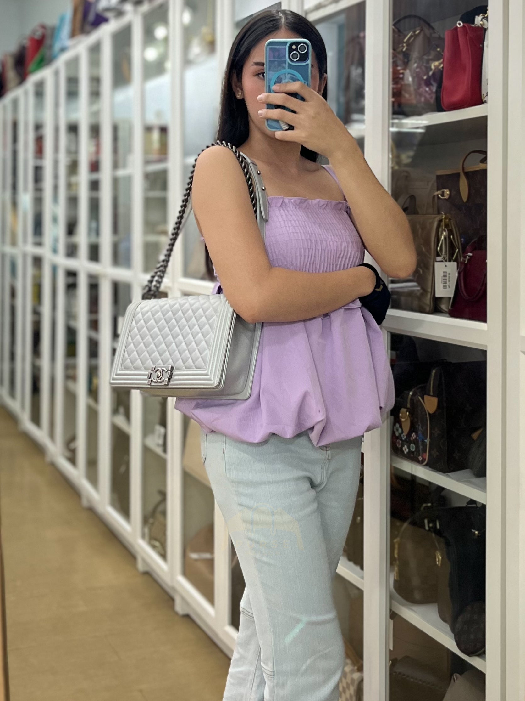 Boy New Medium Metallic Gray Calfskin Leather in Ruthenium Hardware Series 20 | Purse Maison Luxury Bags Shop