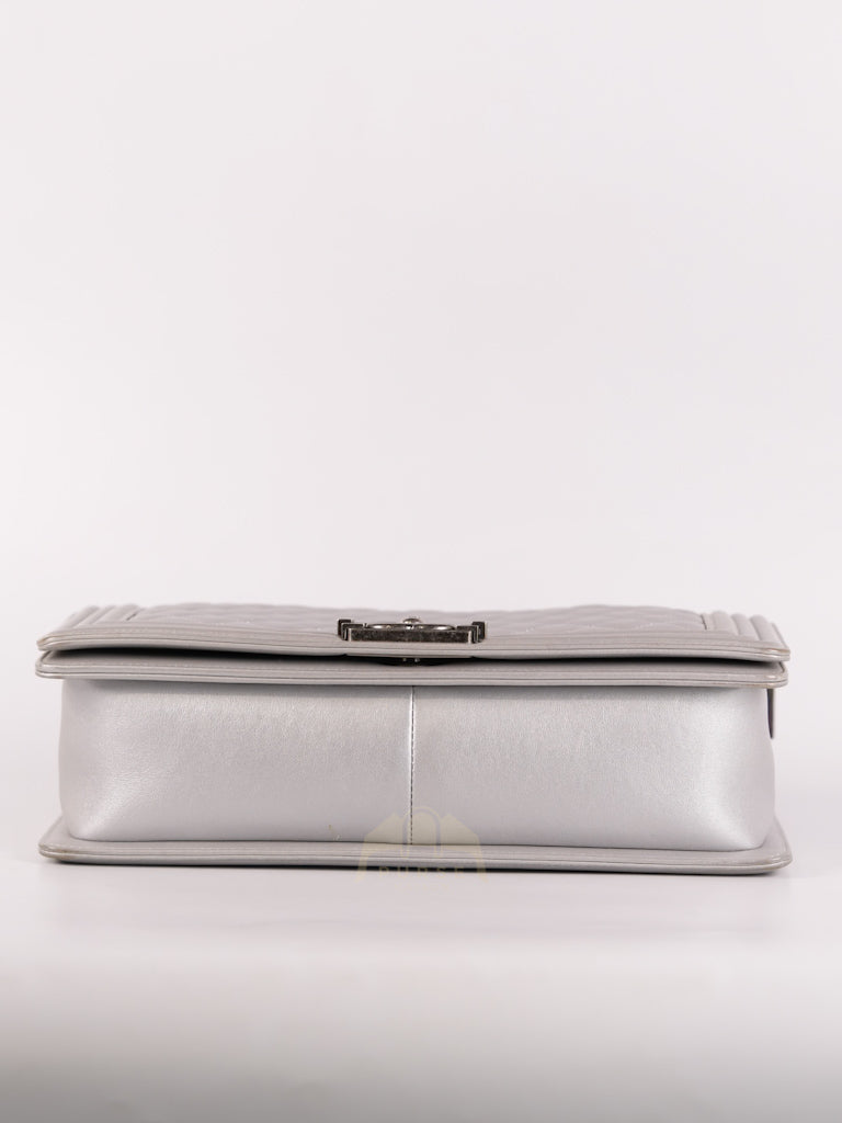 Boy New Medium Metallic Gray Calfskin Leather in Ruthenium Hardware Series 20 | Purse Maison Luxury Bags Shop