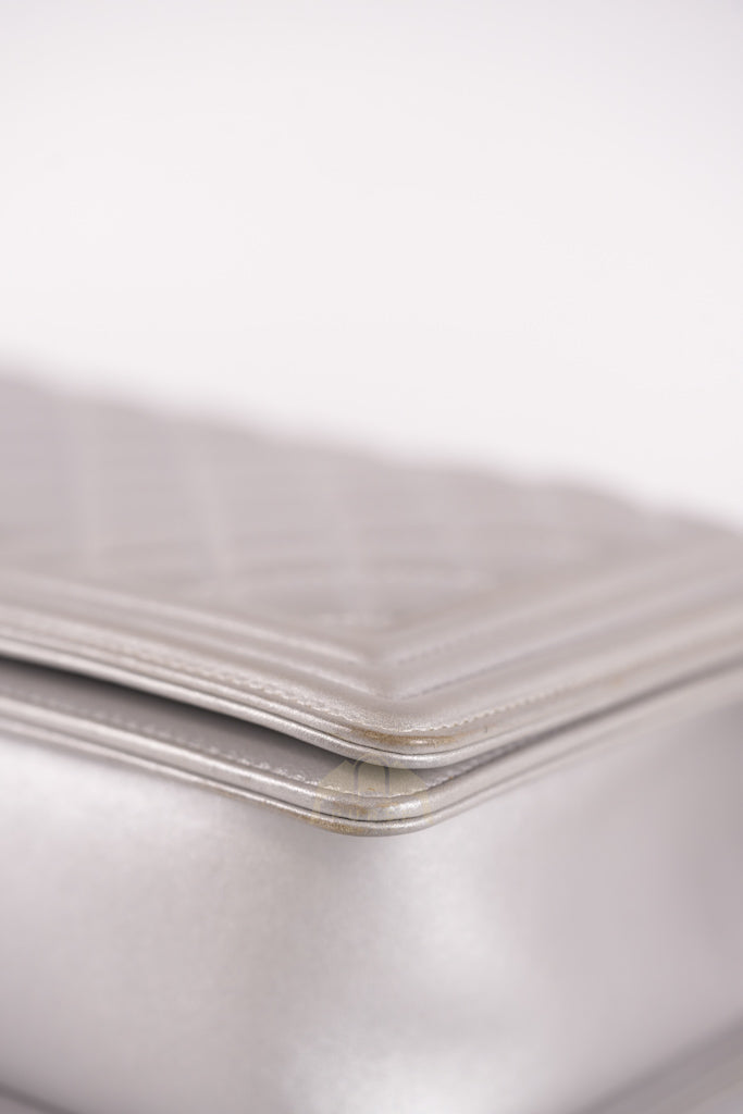 Boy New Medium Metallic Gray Calfskin Leather in Ruthenium Hardware Series 20 | Purse Maison Luxury Bags Shop