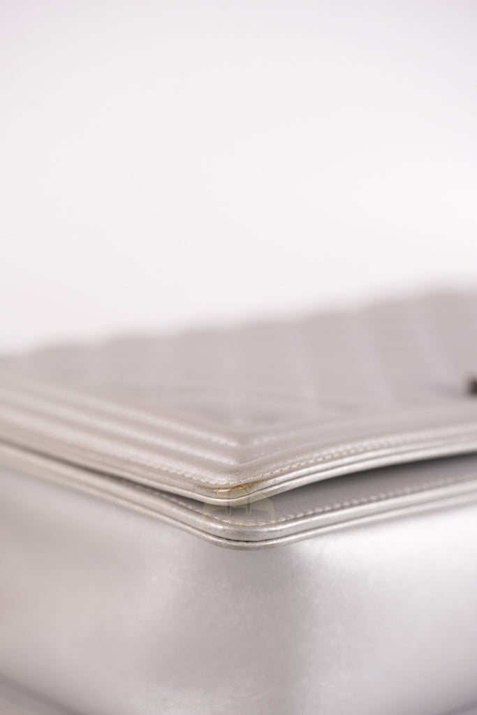 Boy New Medium Metallic Gray Calfskin Leather in Ruthenium Hardware Series 20 | Purse Maison Luxury Bags Shop