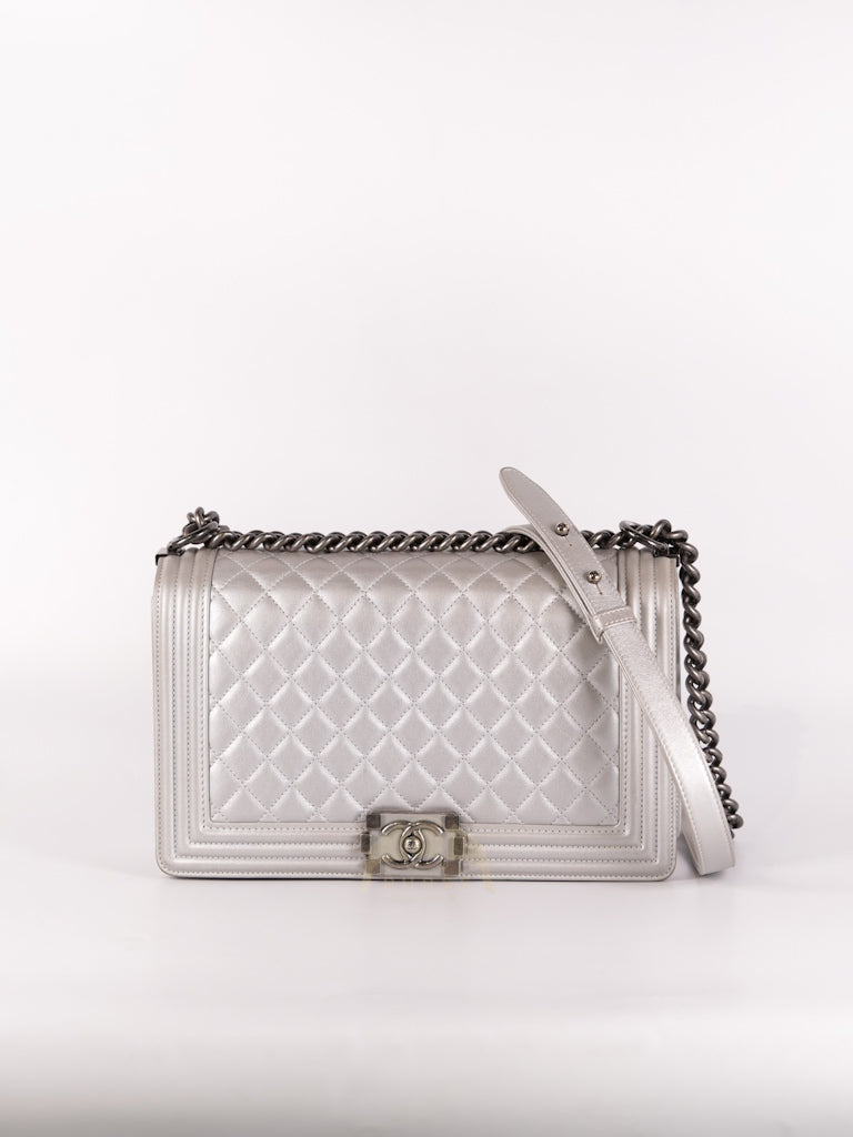 Boy New Medium Metallic Gray Calfskin Leather in Ruthenium Hardware Series 20 | Purse Maison Luxury Bags Shop