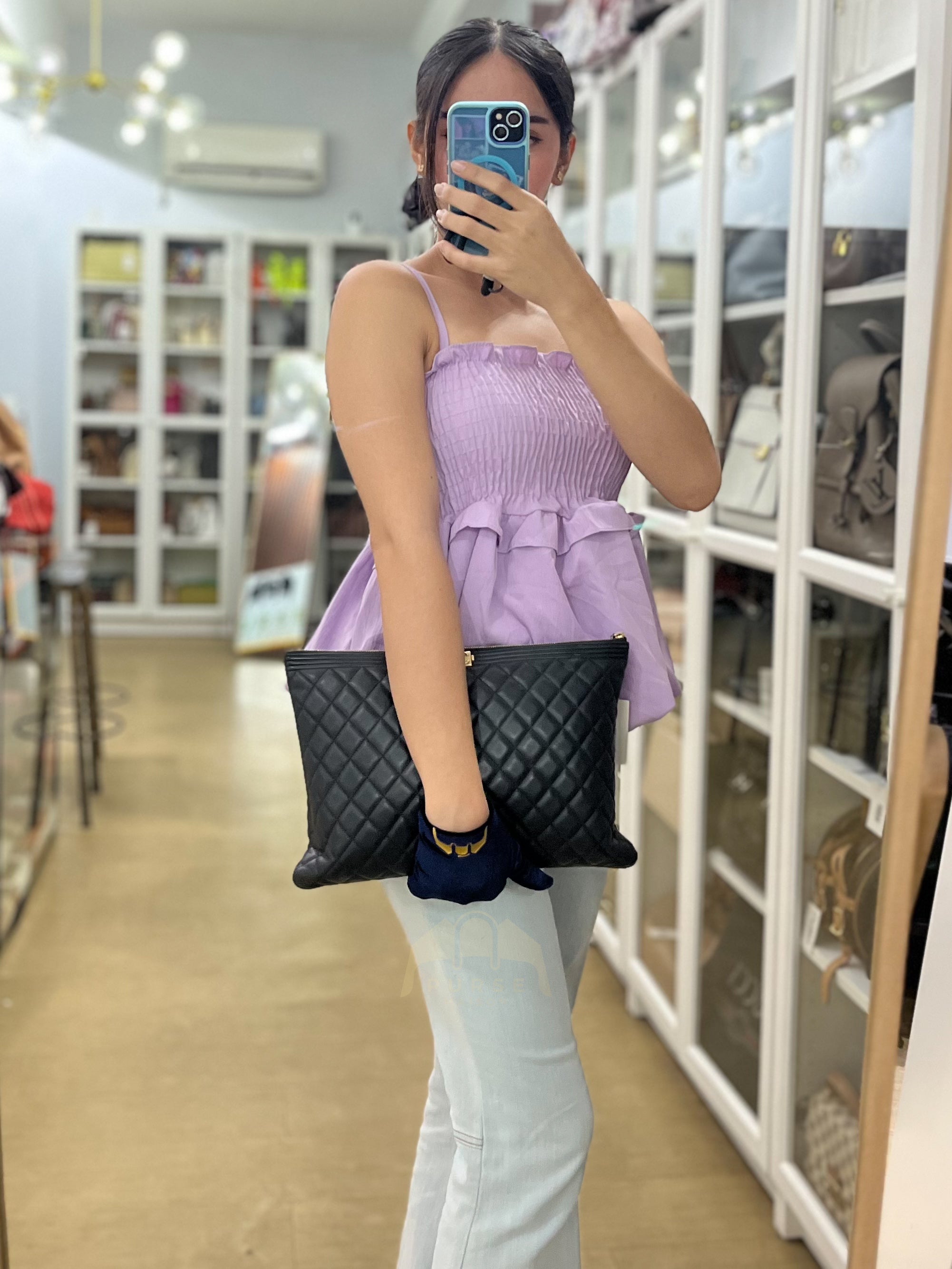 Boy O Case Clutch Bag in Black Quilted Calfskin Leather & Light Gold Hardware Series 26 | Purse Maison Luxury Bags Shop