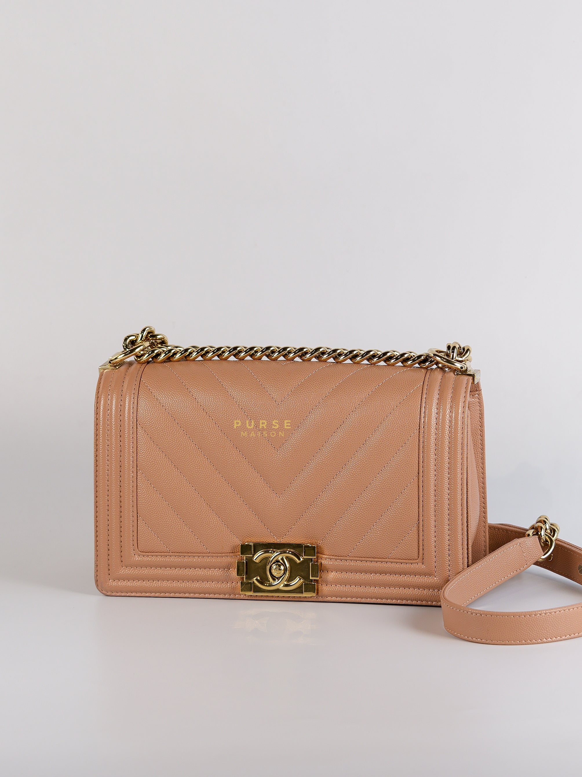 Boy Old Medium 18s Beige Chevron Caviar Leather & Champagne Gold Hardware (Series 25) | Purse Maison Luxury Bags Shop