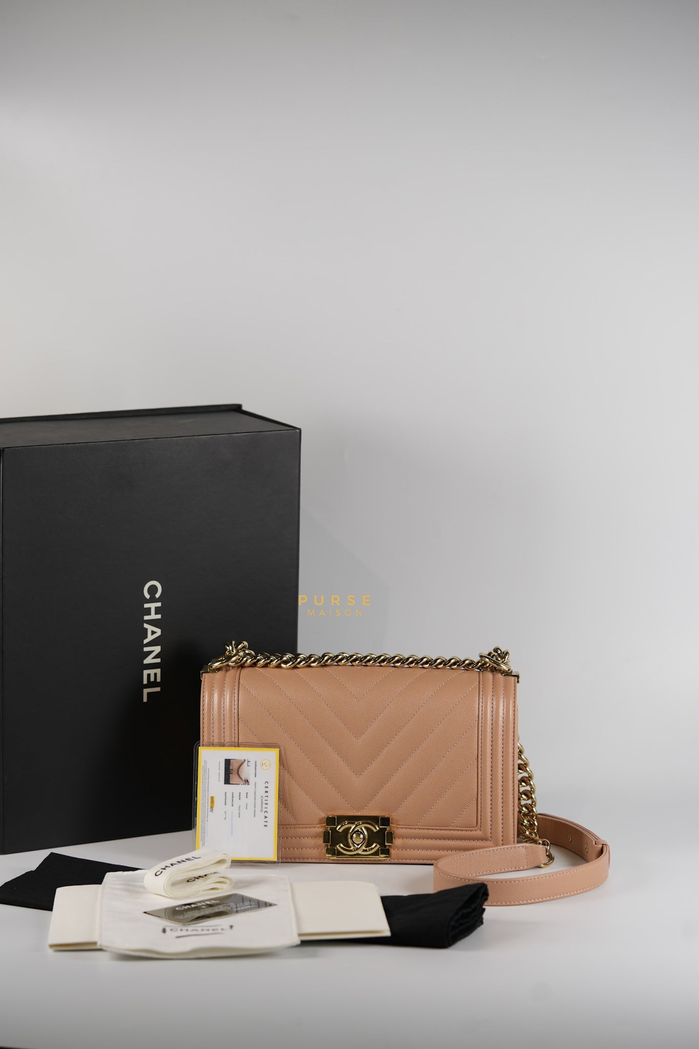 Boy Old Medium 18s Beige Chevron Caviar Leather & Champagne Gold Hardware (Series 25) | Purse Maison Luxury Bags Shop