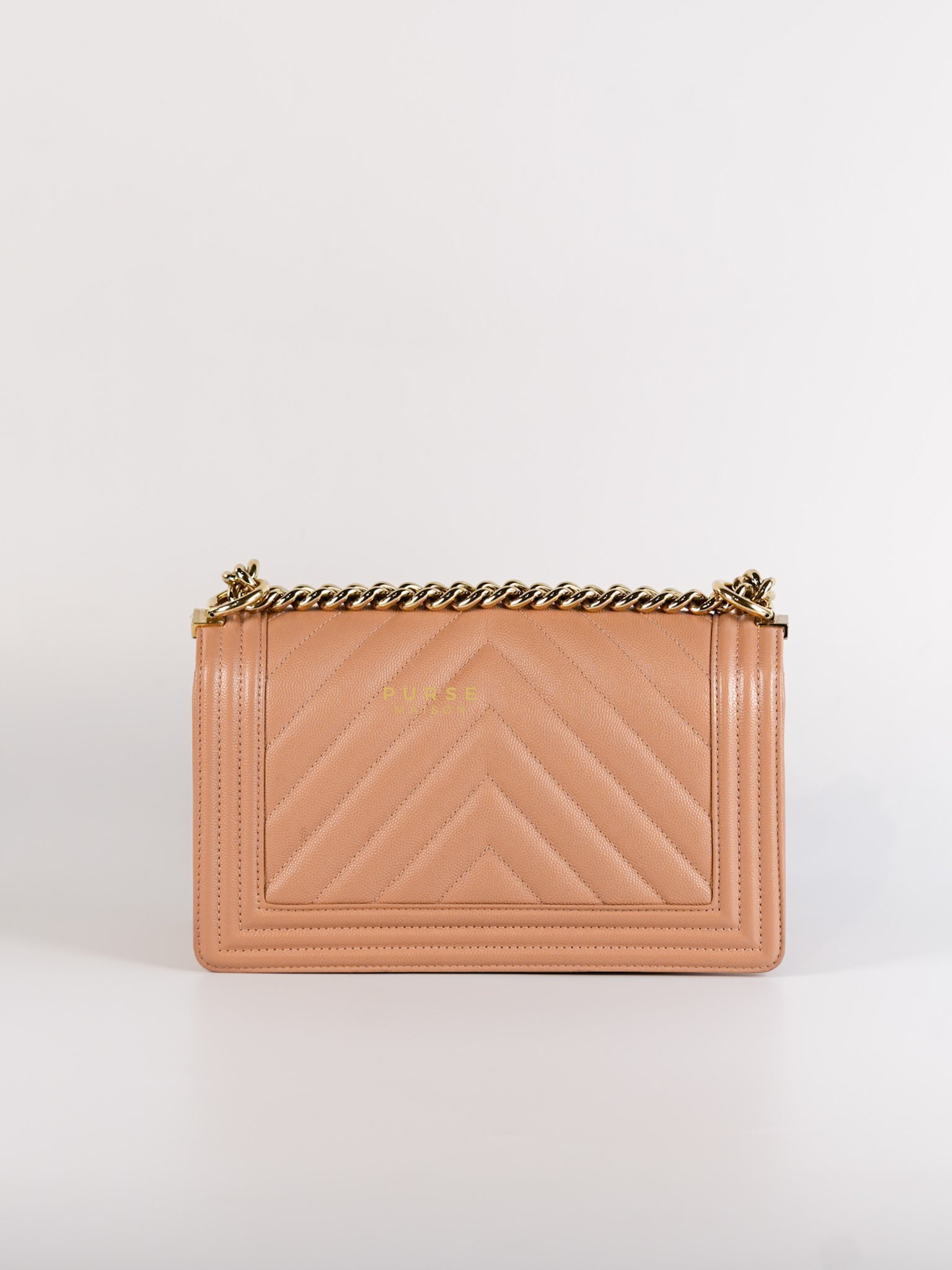 Boy Old Medium 18s Beige Chevron Caviar Leather & Champagne Gold Hardware (Series 25) | Purse Maison Luxury Bags Shop