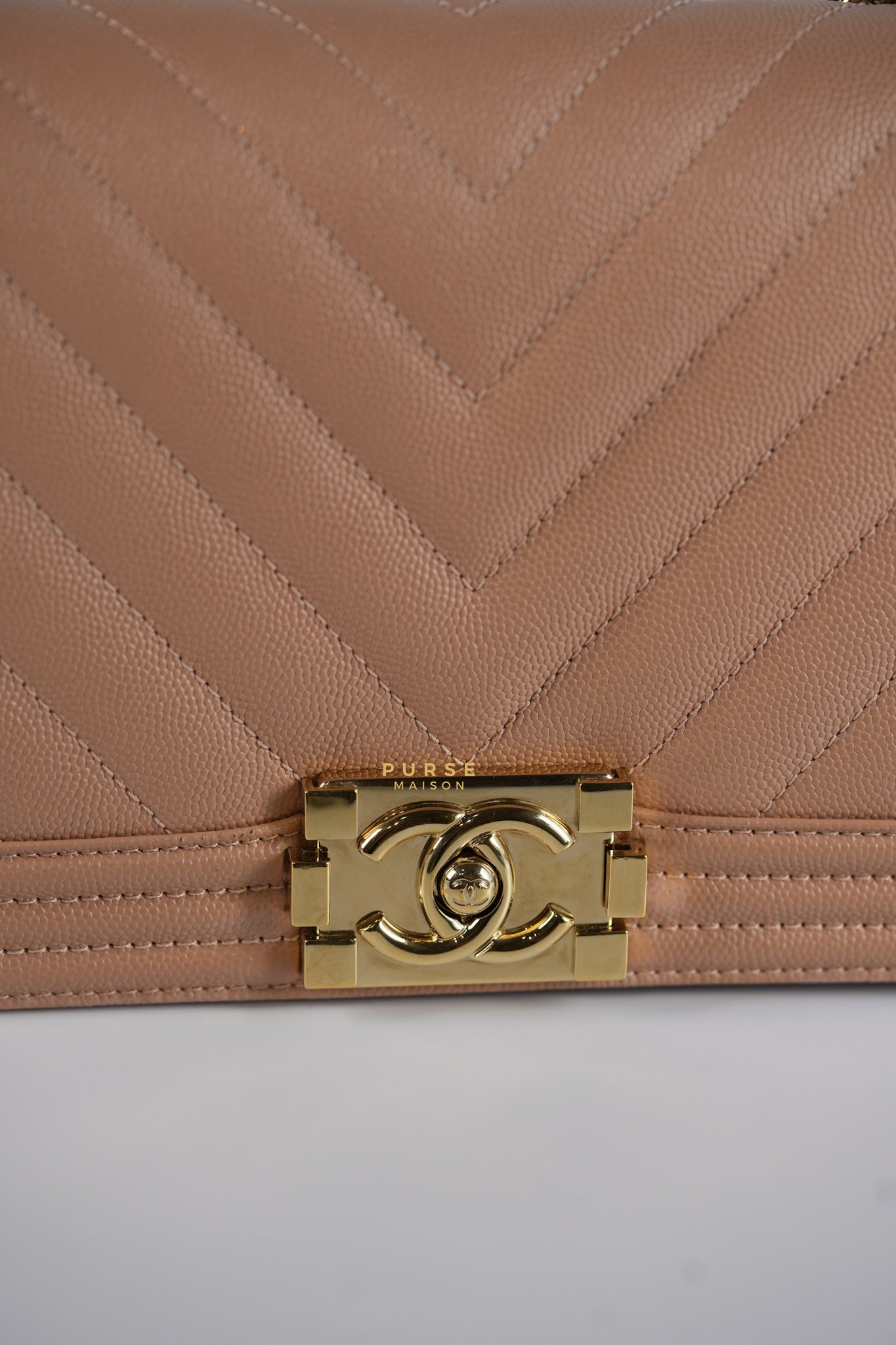 Boy Old Medium 18s Beige Chevron Caviar Leather & Champagne Gold Hardware (Series 25) | Purse Maison Luxury Bags Shop