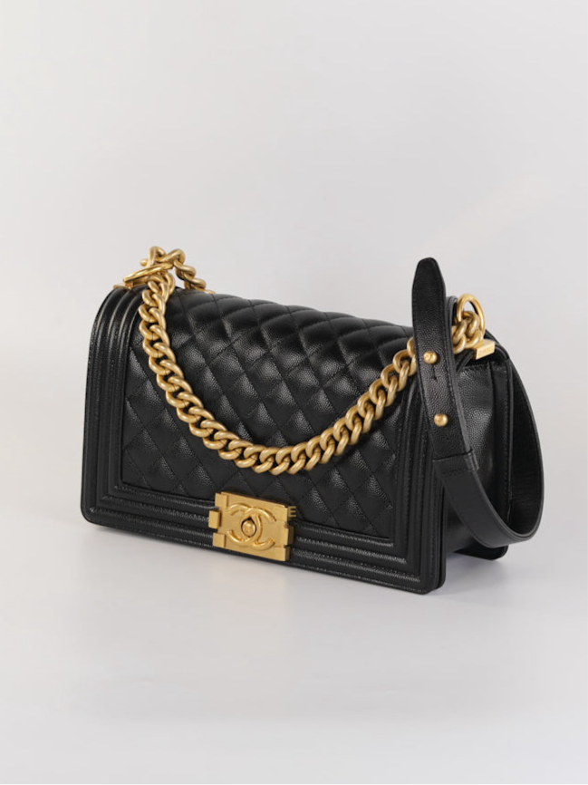 Boy Old Medium Black Caviar Leather and Aged Gold Hardware (Microchip) | Purse Maison Luxury Bags Shop