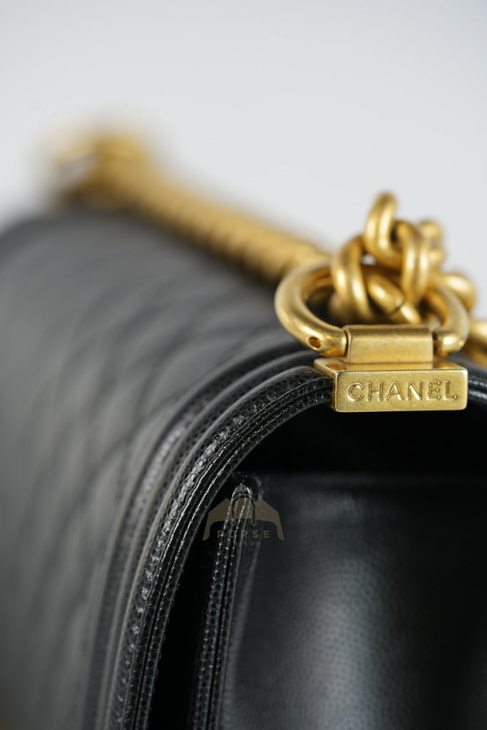 Boy Old Medium Black Caviar Leather in Aged Gold Hardware (Microchip) | Purse Maison Luxury Bags Shop