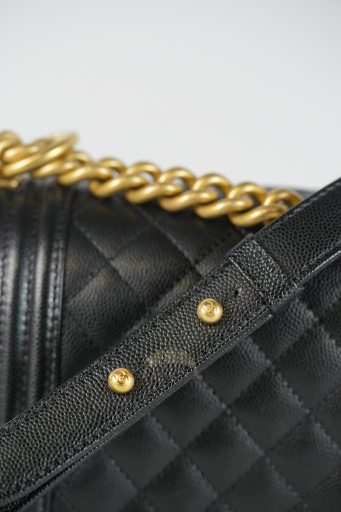 Boy Old Medium Black Caviar Leather in Aged Gold Hardware (Microchip) | Purse Maison Luxury Bags Shop