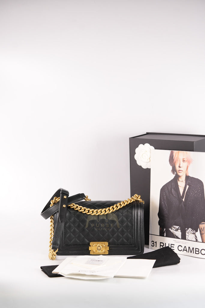 Boy Old Medium Black Caviar Leather in Aged Gold Hardware (Microchip) | Purse Maison Luxury Bags Shop