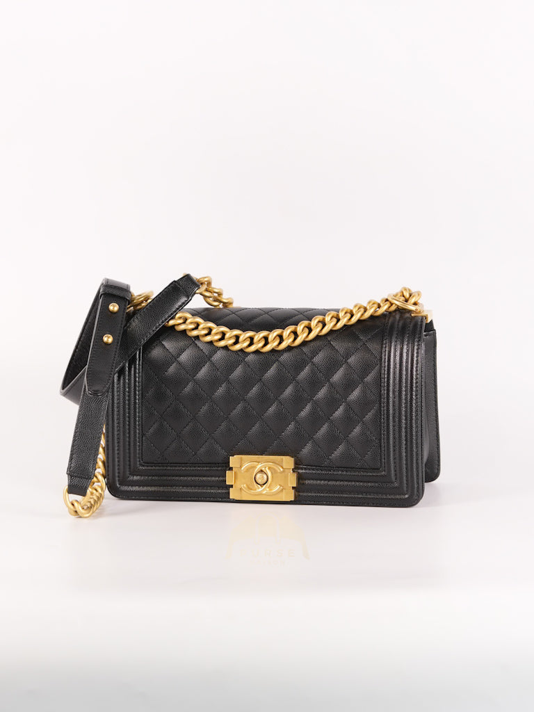 Boy Old Medium Black Caviar Leather in Aged Gold Hardware (Microchip) | Purse Maison Luxury Bags Shop