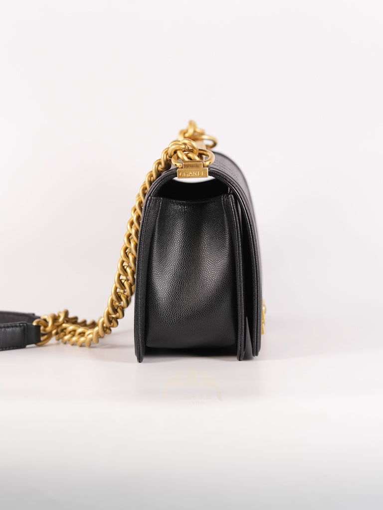 Boy Old Medium Black Caviar Leather in Aged Gold Hardware (Microchip) | Purse Maison Luxury Bags Shop