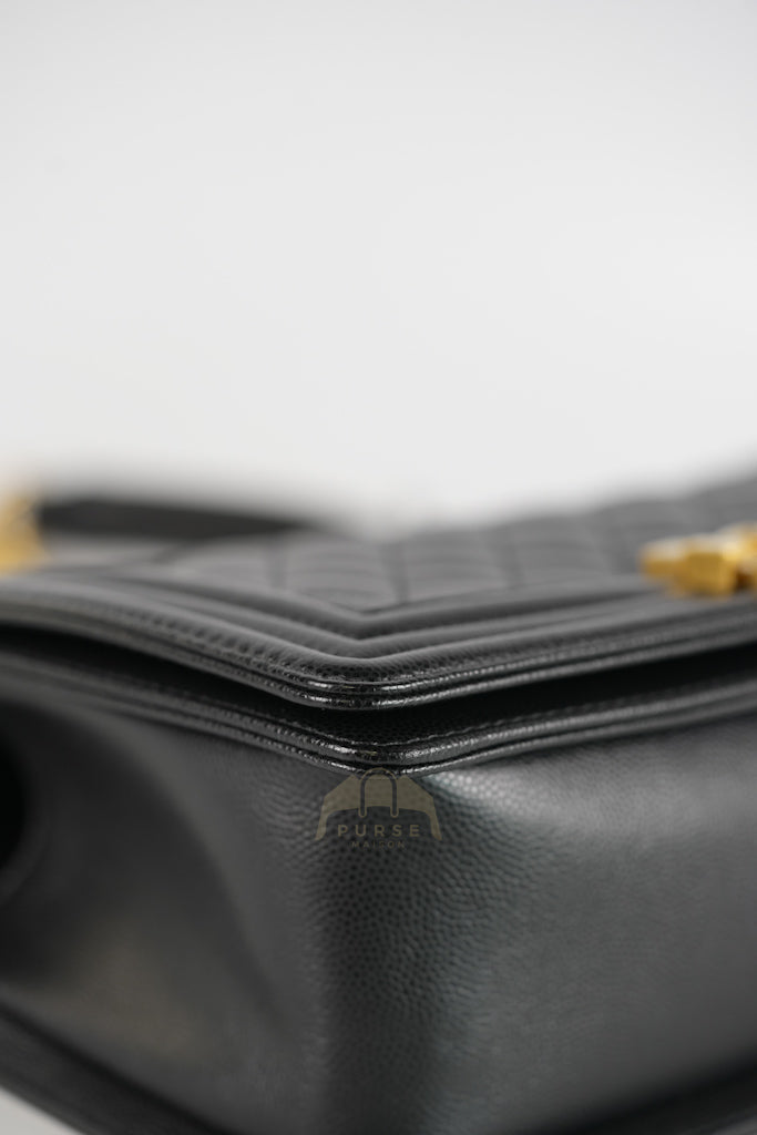 Boy Old Medium Black Caviar Leather in Aged Gold Hardware (Microchip) | Purse Maison Luxury Bags Shop