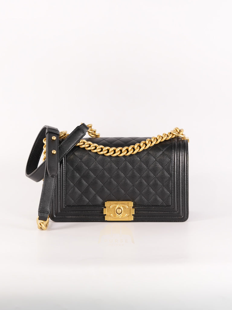 Boy Old Medium Black Caviar Leather in Aged Gold Hardware (Microchip) | Purse Maison Luxury Bags Shop