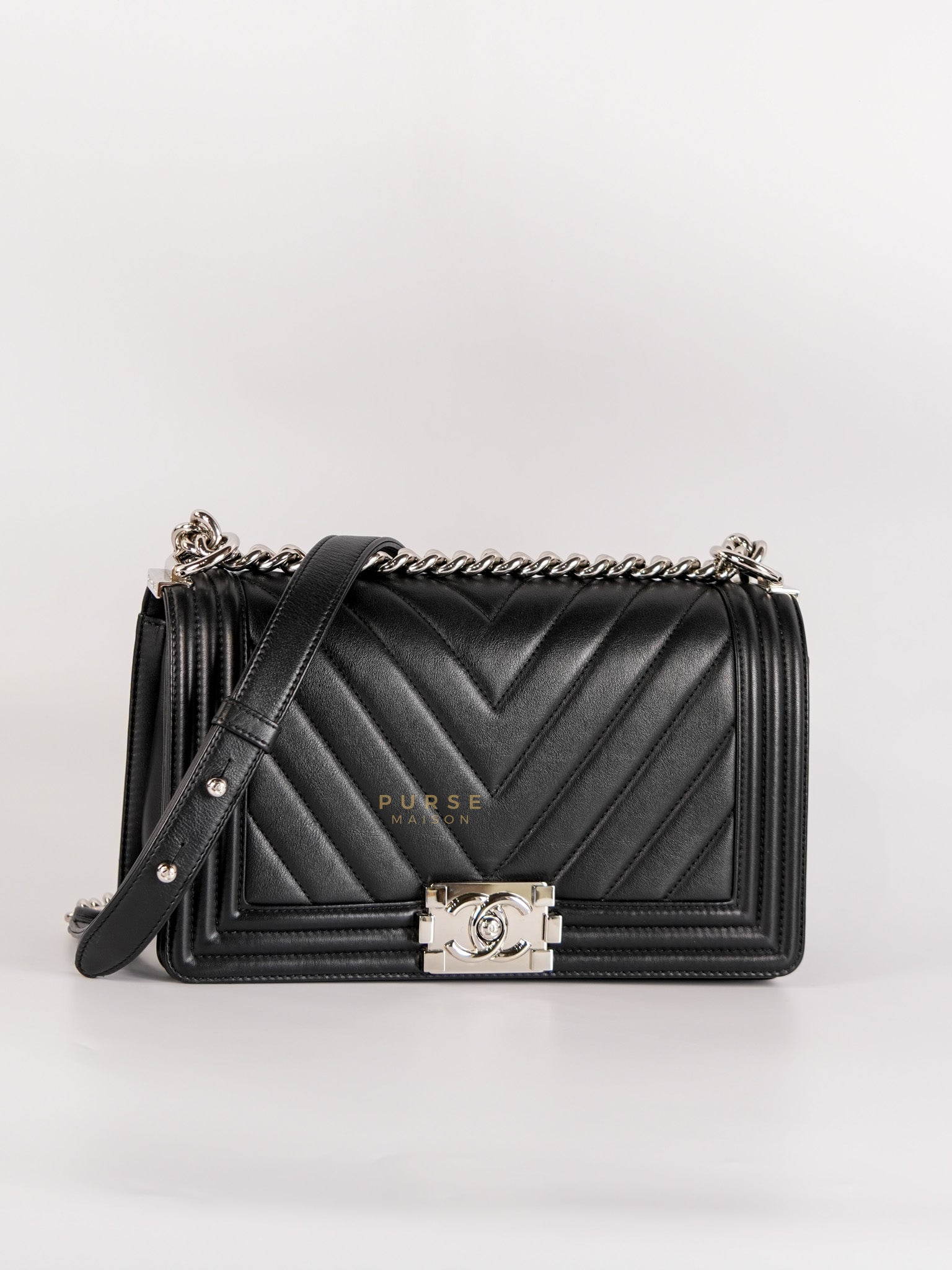 Boy Old Medium Black Chevron Lambskin Leather in Silver Hardware Series 22 | Purse Maison Luxury Bags Shop