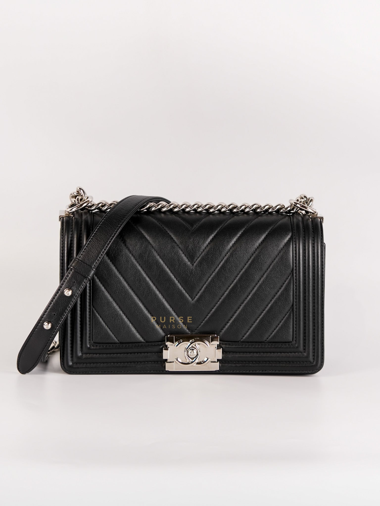 Boy Old Medium Black Chevron Lambskin Leather in Silver Hardware Series 22 | Purse Maison Luxury Bags Shop