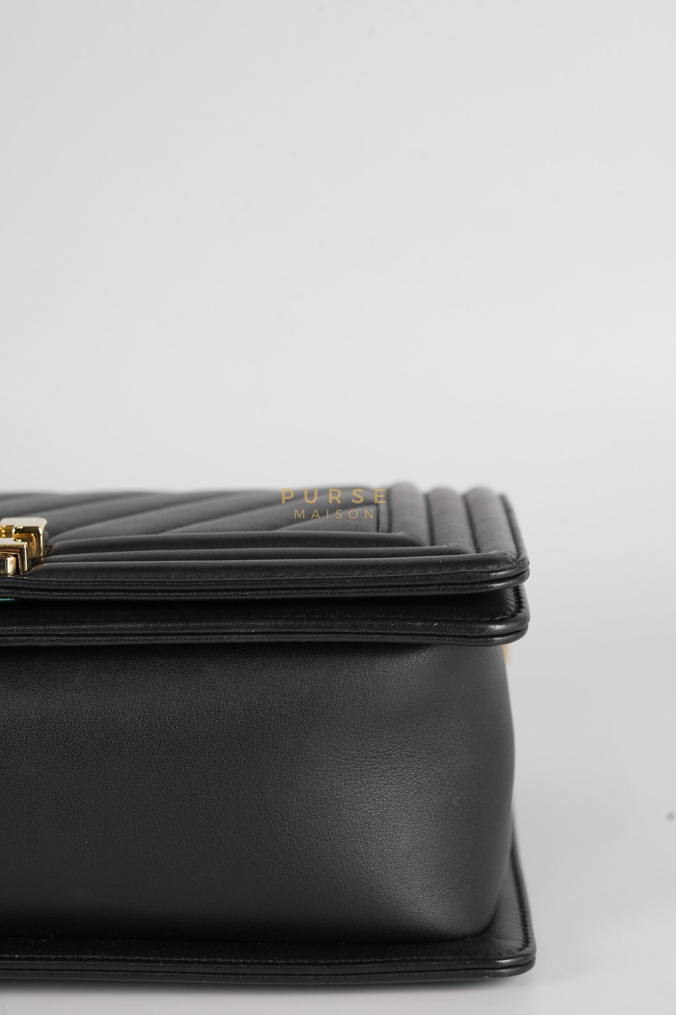 Boy Old Medium Black in Chevron Calfskin Leather and Light Gold Hardware Series 23 | Purse Maison Luxury Bags Shop