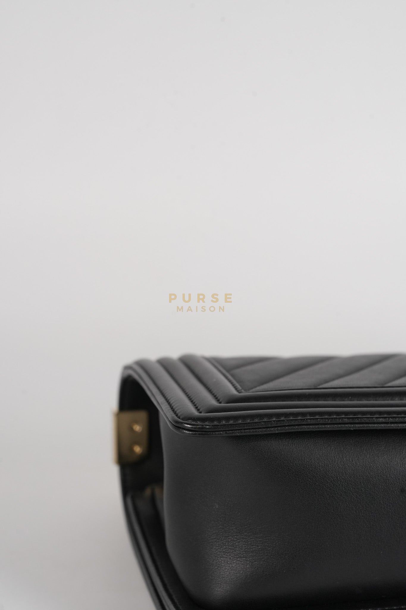 Boy Old Medium Black in Chevron Calfskin Leather and Light Gold Hardware Series 23 | Purse Maison Luxury Bags Shop