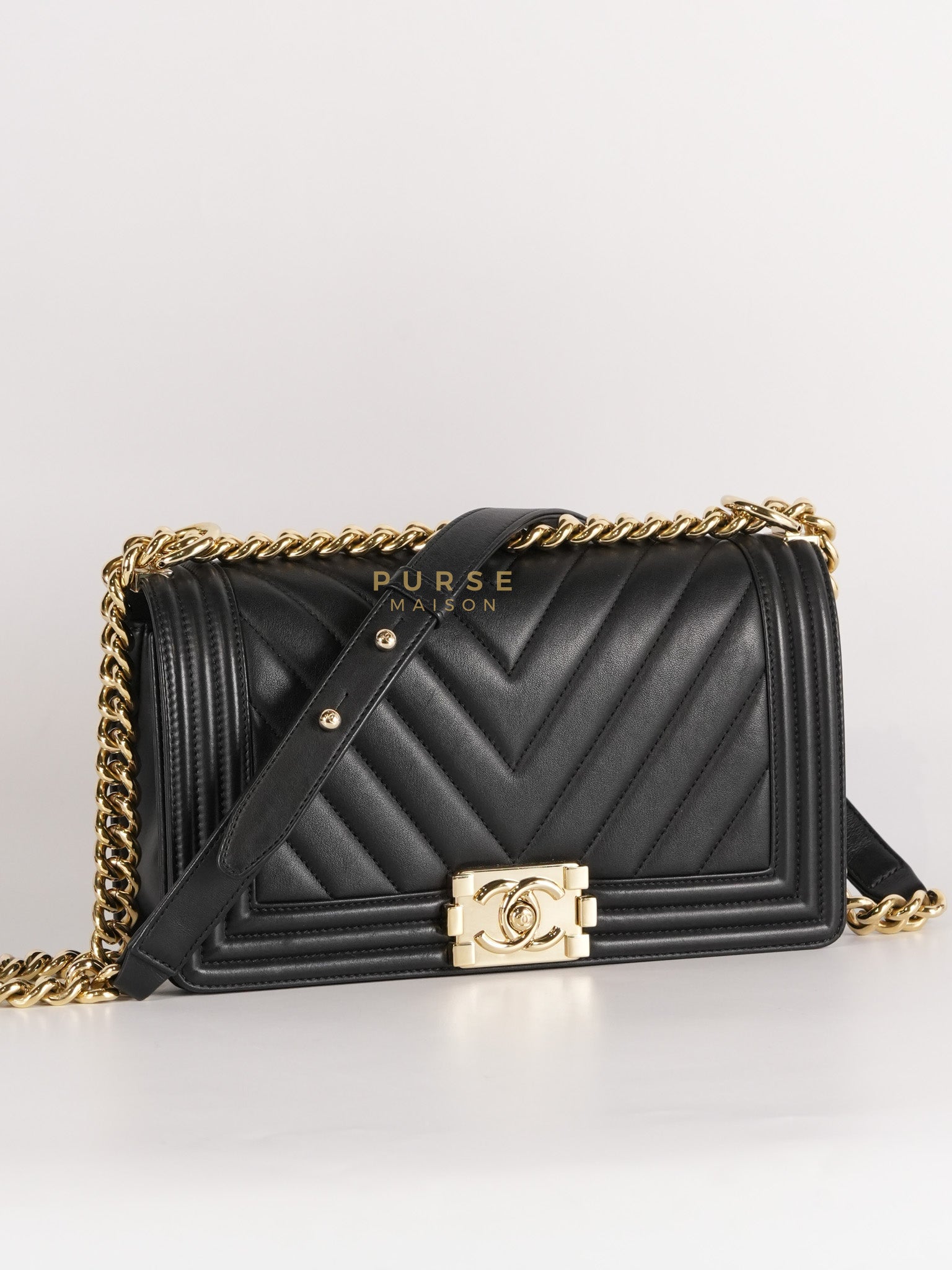 Boy Old Medium Black in Chevron Calfskin Leather and Light Gold Hardware Series 23 | Purse Maison Luxury Bags Shop