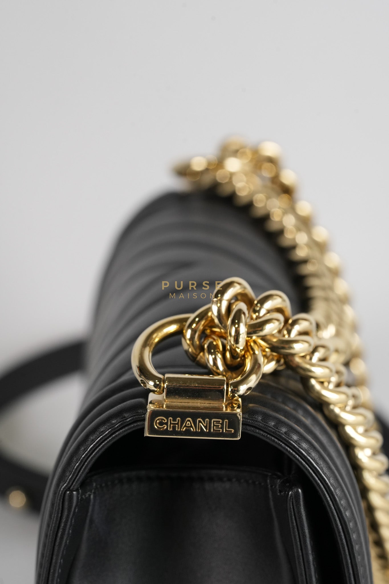 Boy Old Medium Black in Chevron Calfskin Leather and Light Gold Hardware Series 23 | Purse Maison Luxury Bags Shop