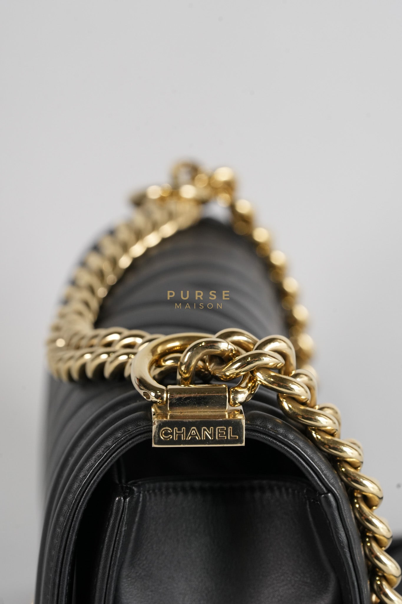 Boy Old Medium Black in Chevron Calfskin Leather and Light Gold Hardware Series 23 | Purse Maison Luxury Bags Shop