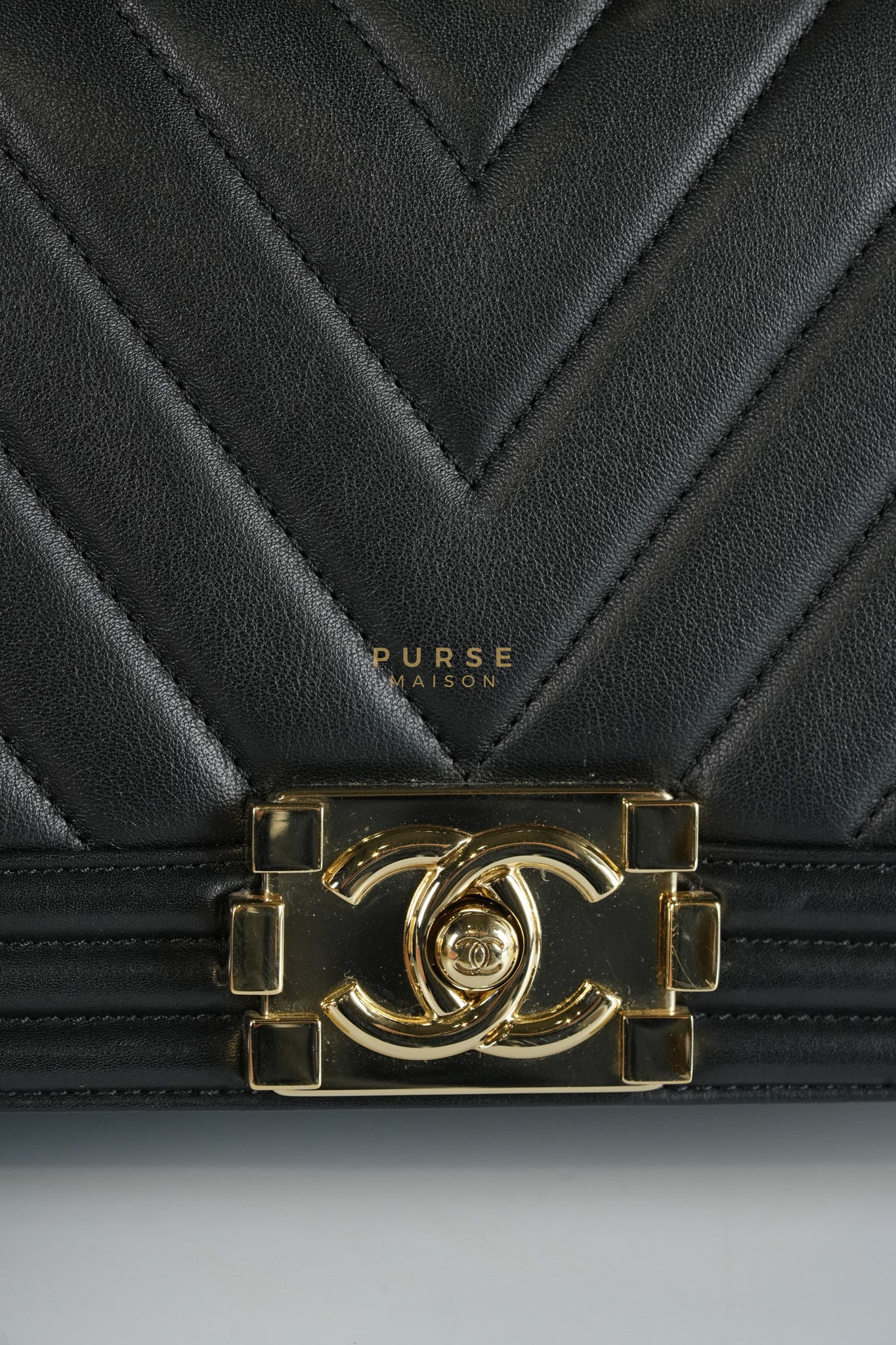 Boy Old Medium Black in Chevron Calfskin Leather and Light Gold Hardware Series 23 | Purse Maison Luxury Bags Shop
