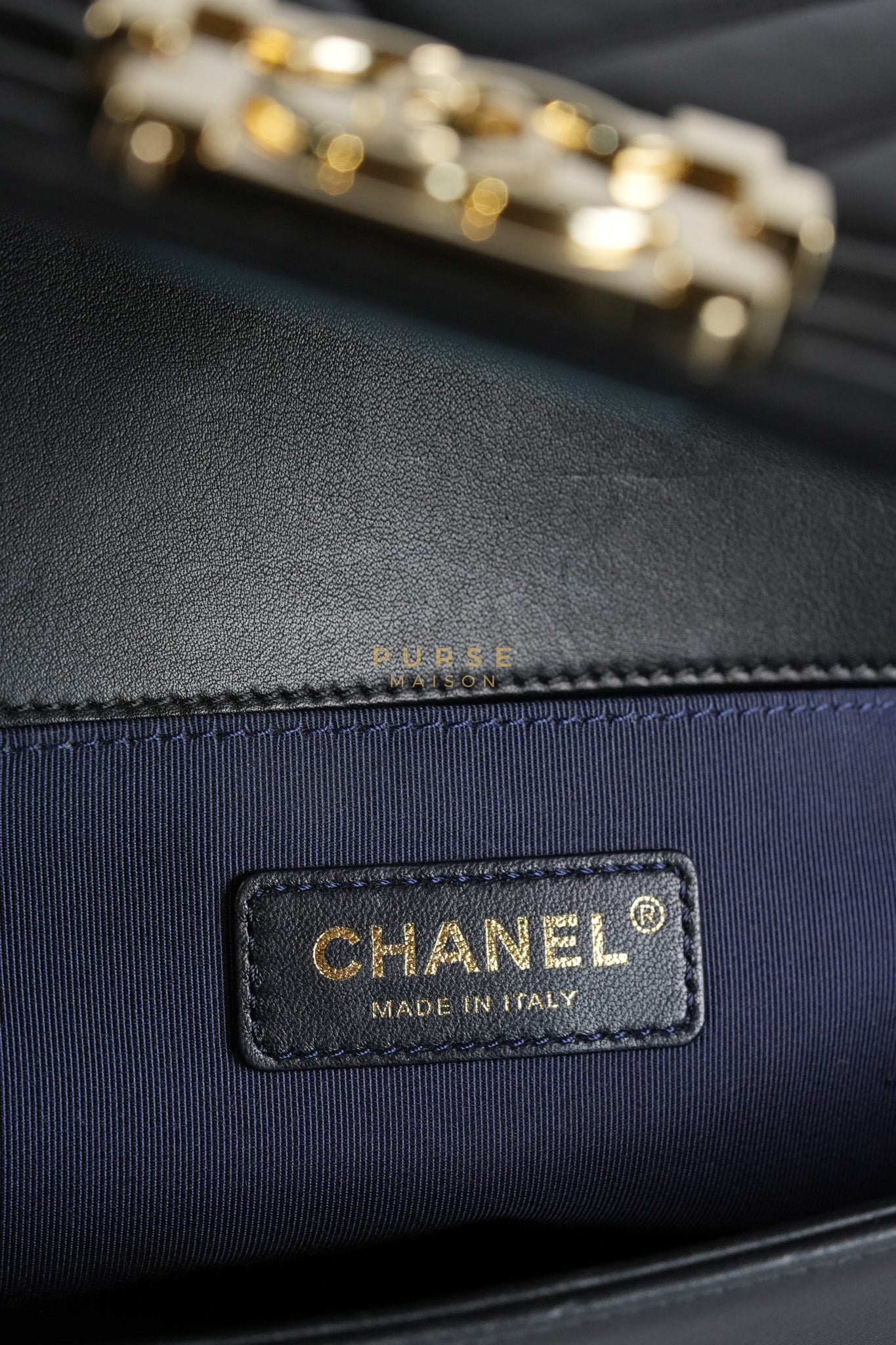Boy Old Medium Black in Chevron Calfskin Leather and Light Gold Hardware Series 23 | Purse Maison Luxury Bags Shop