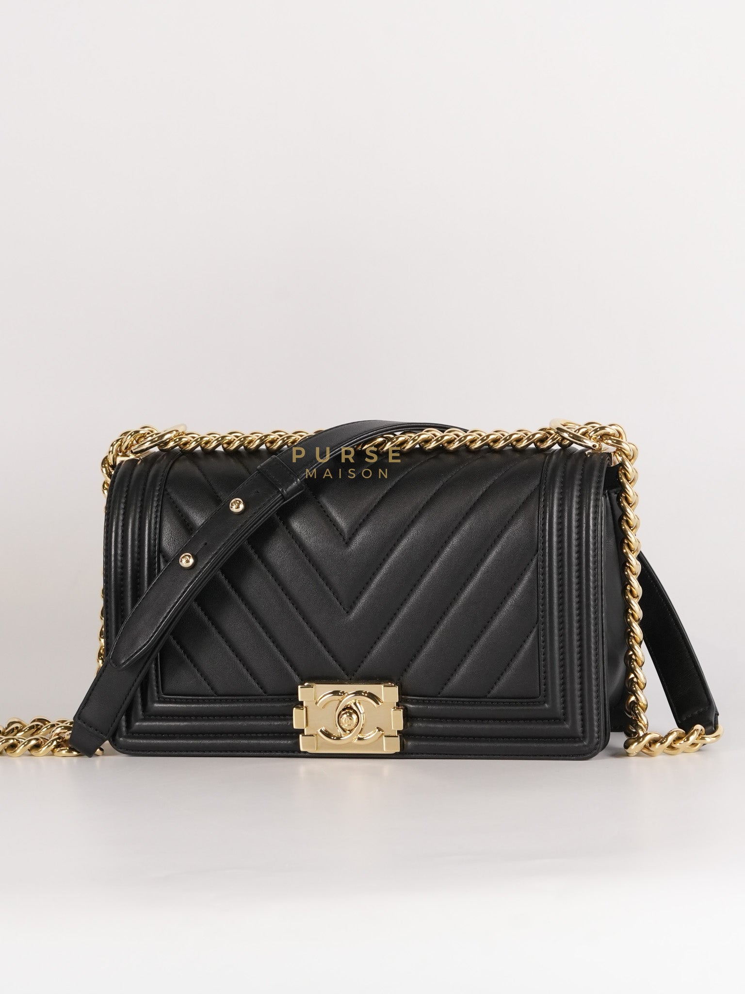 Boy Old Medium Black in Chevron Calfskin Leather and Light Gold Hardware Series 23 | Purse Maison Luxury Bags Shop